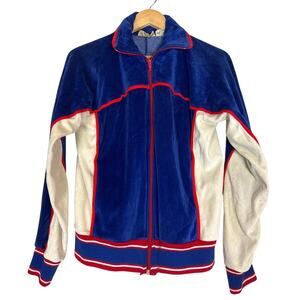 Vintage 80s Retro Velour Track Jacket Red White Blue Full Zip Mens Medium Sporty